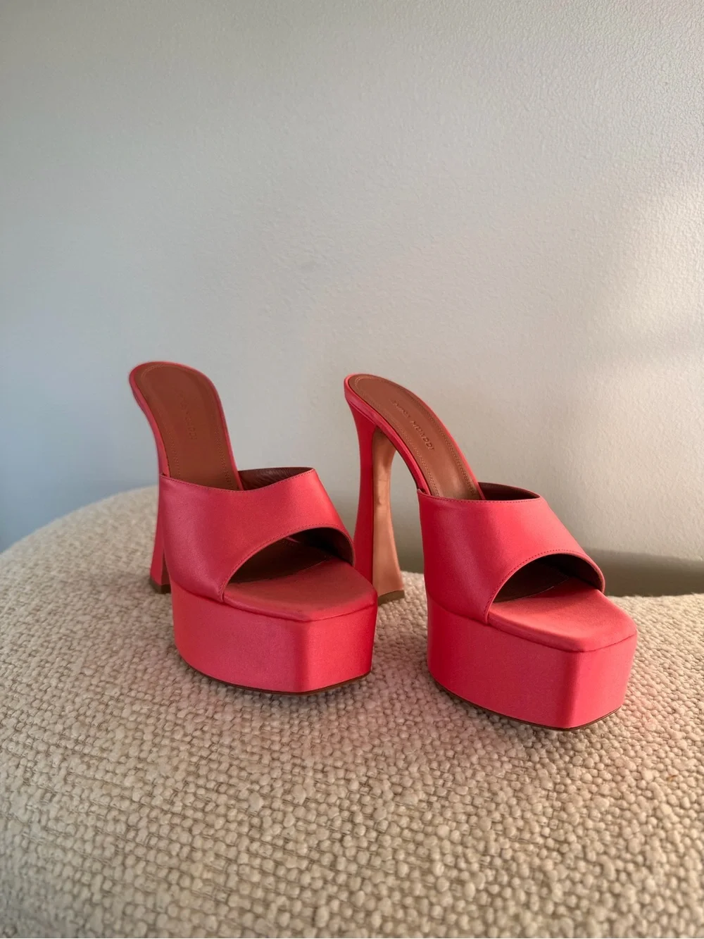 Amina Muaddi Coral-Pink Satin Platform Mule Heels